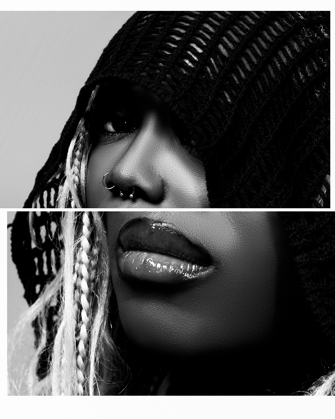 Black and white close-up portrait with knit hood
